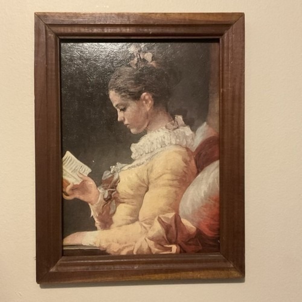 VTG‎ Fragonard Winde Fine Print Young Girl Reading Brown Wood Frame 14"x11"